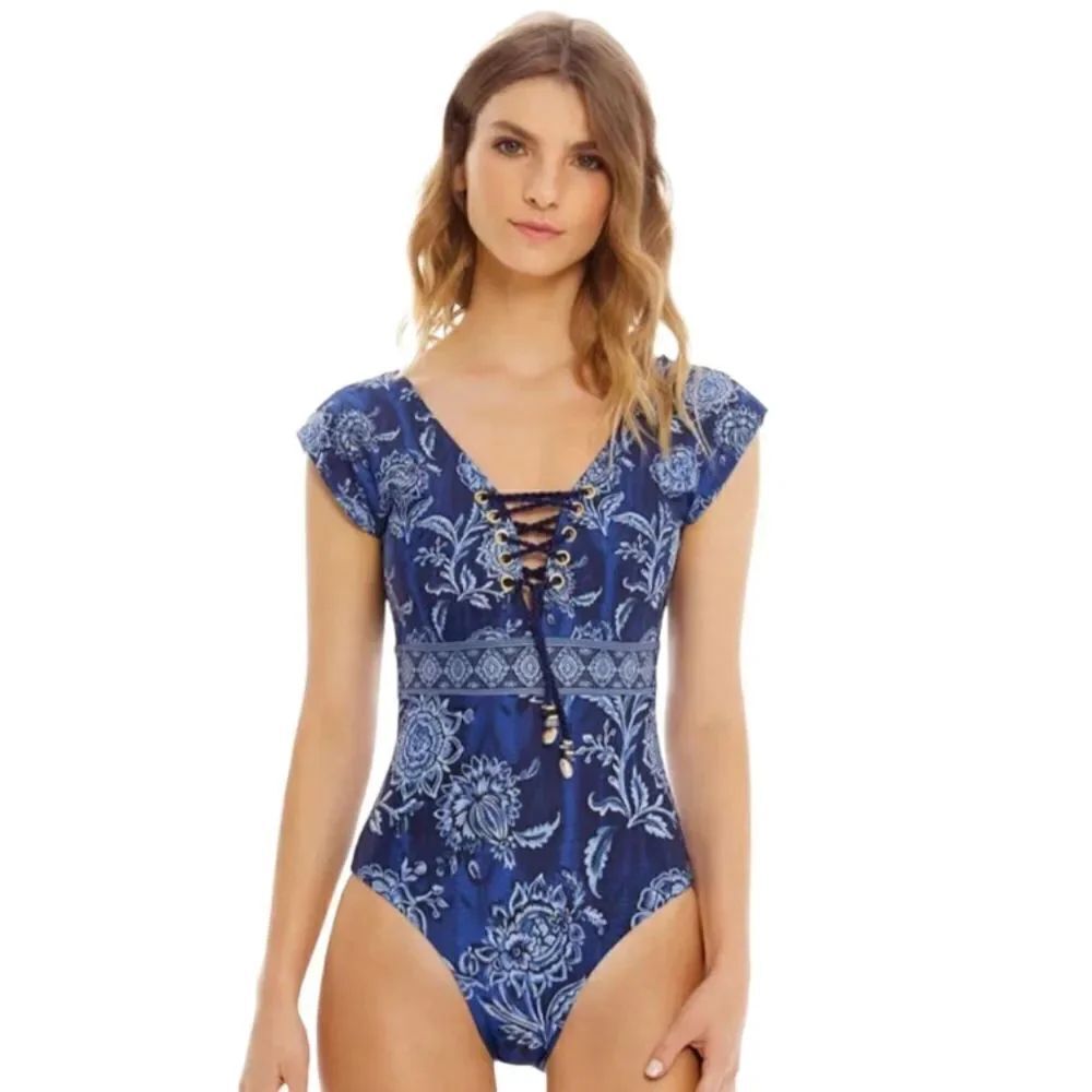 Cosita Linda Reversible One Piece Swimsuit Plunge Neckline Rope Lace Up Blue